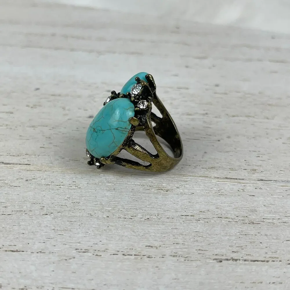 VTG Y2K Urban Outfitters Turquoise Howlite Rhinestone Statement Ring Gold 6-6.5 - Picture 7 of 16